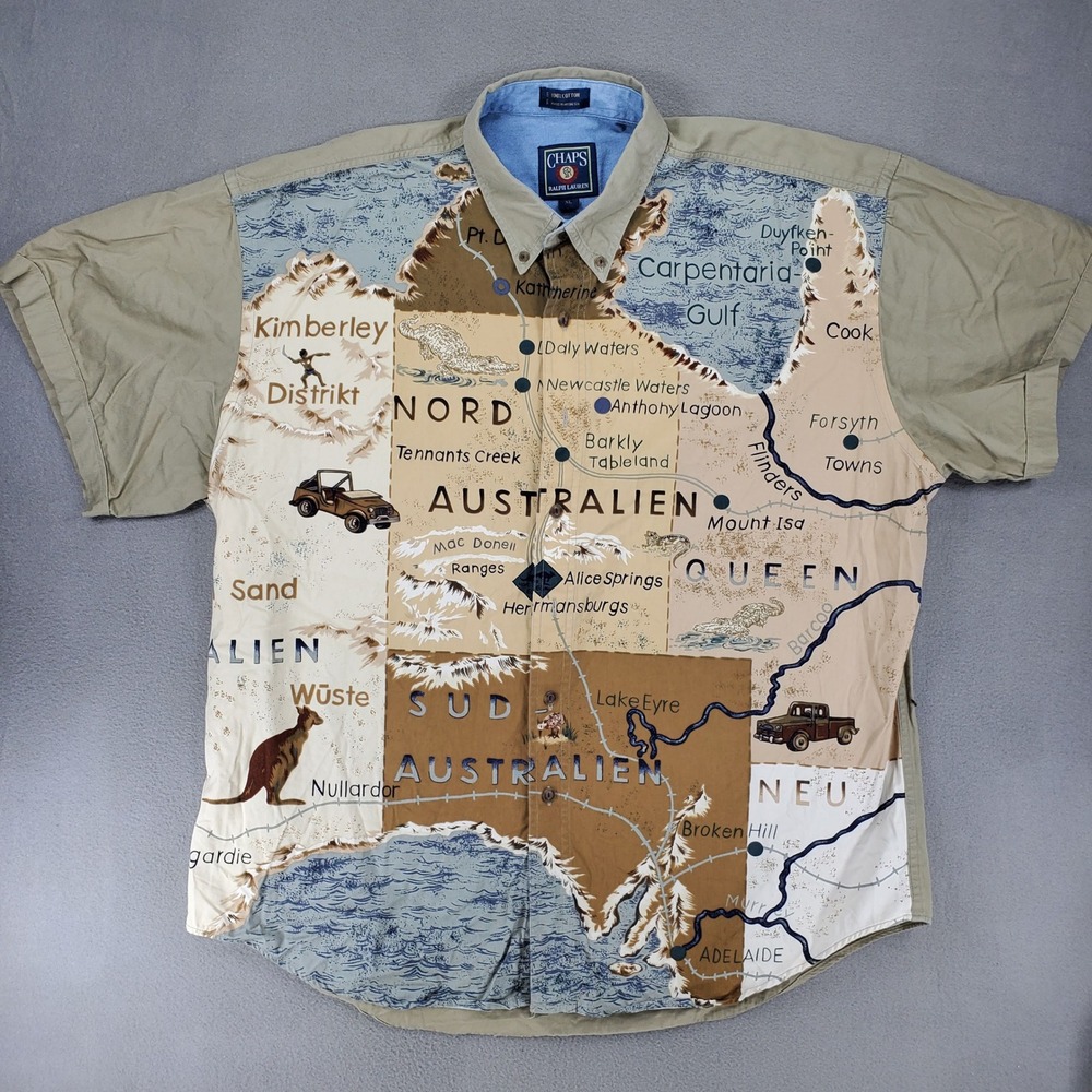 Chaps Button Front Shirt Mens XL Khaki Australia Map Print Graphic Cotton Camp